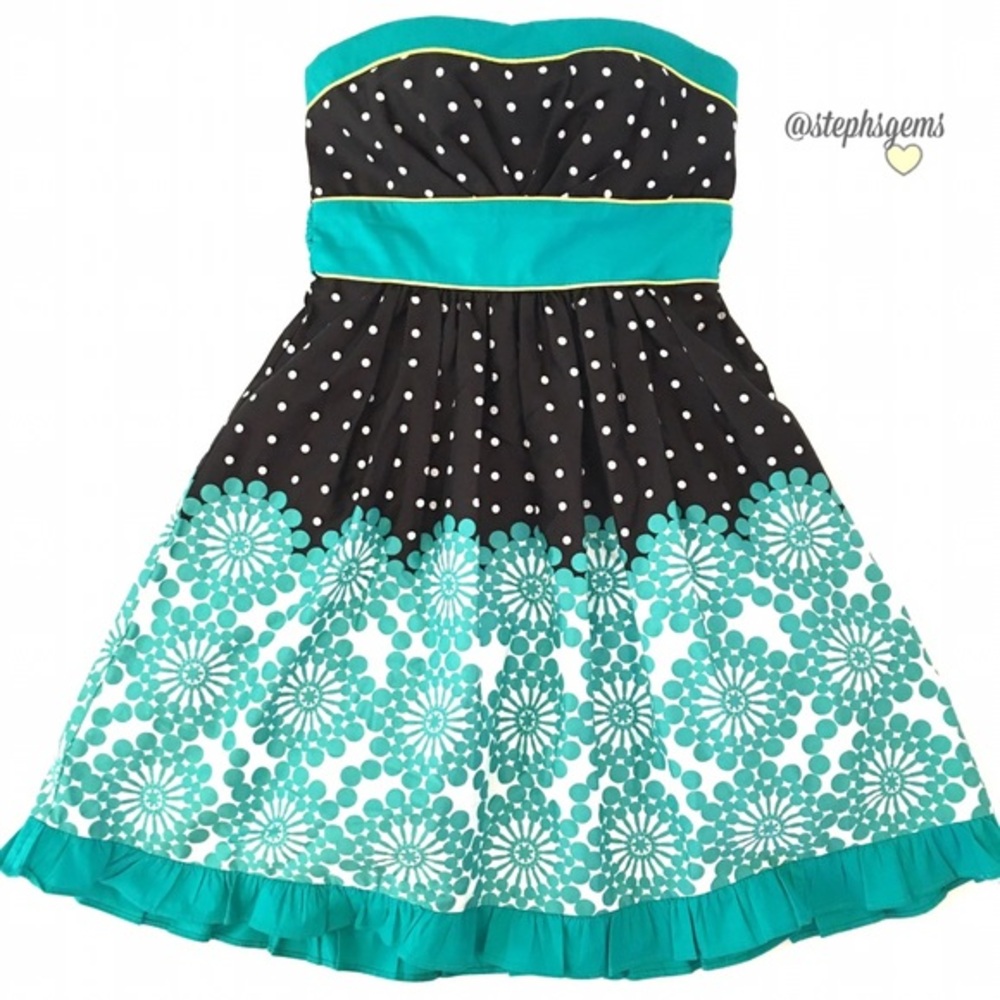 Black & Turquoise Polka Dot Strapless Floral Dress - Picture 2 of 4